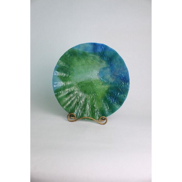 Vintage Crinkle Glass Bowl | Blue & Green Swirl | Art Glass Dish - Picture 1 of 6